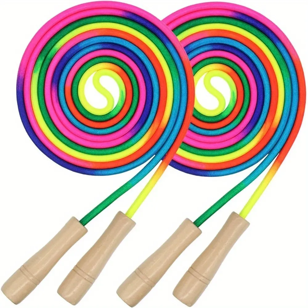 Double Dutch Jump Rope Set,2PCS Multiplayer Group Skipping Ropes with Wooden Handles,16ft Long Adjustable Rainbow Jump Ropes for Outdoor Fitness,School Sports, Party Games