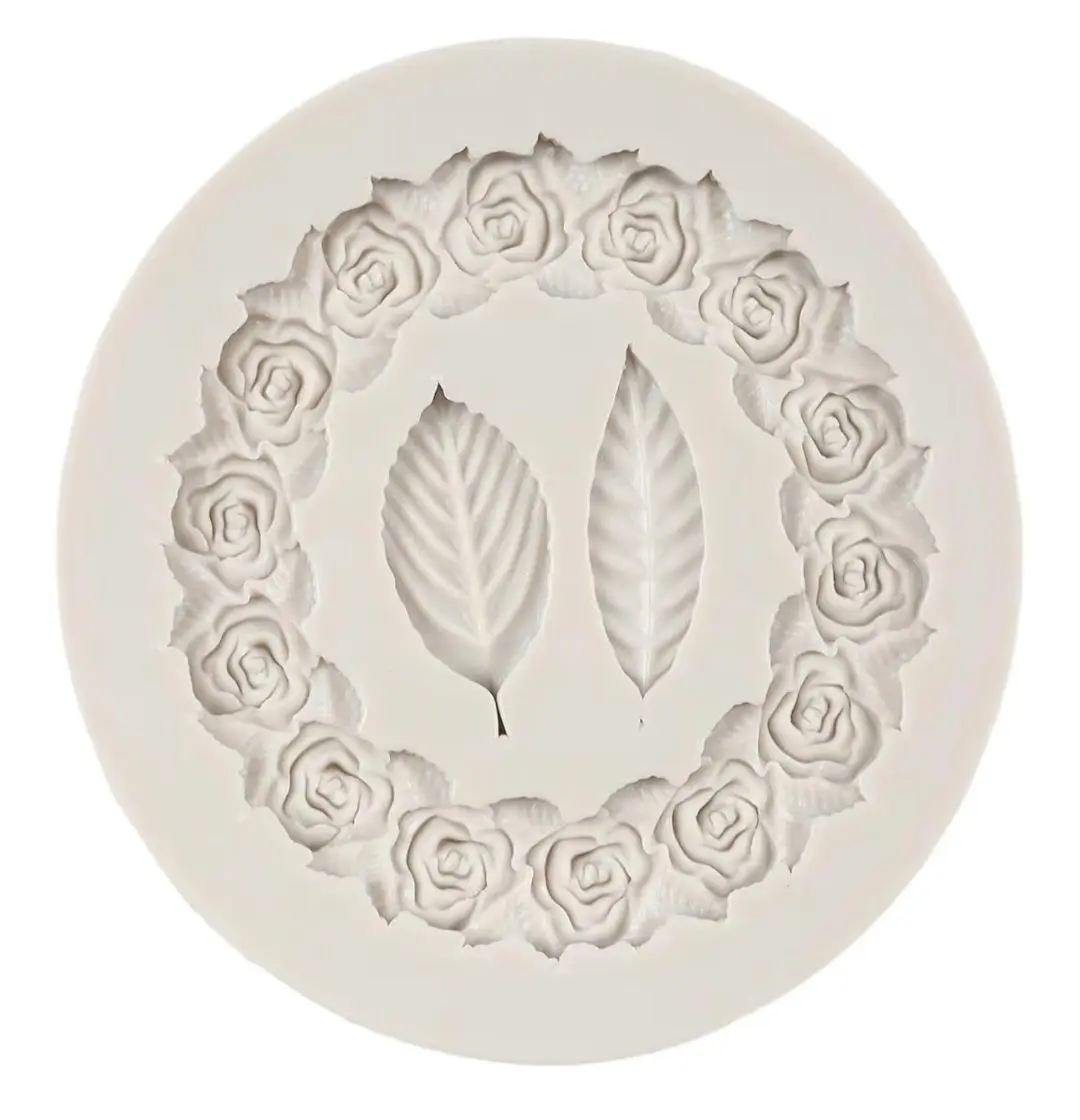 Floral Frame Round Rose Garland with Leaves - Chocolate & Fondant Mold
