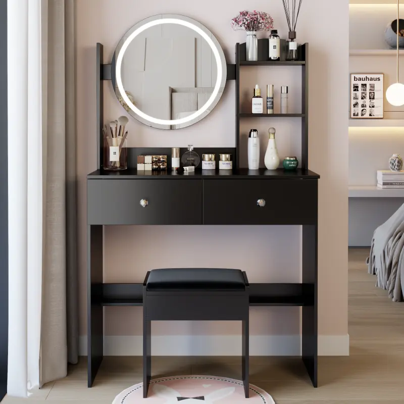 17" Round LED Mirror Vanity Table with Soft Cushion Stool Set Large Mirror Touch Switch Adjustable Brightness Multi-layer Storage for Small Space