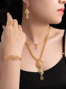 5 Piece Copper Layered Leaf Design Necklace Set, Fashion Jewelry Set, Elegant French Romantic Style Jewelry for Weddings and Parties, Gift Box Included