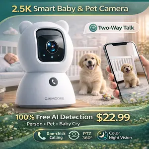 CINMOORE 2.5K 4MP Indoor Security Camera, No Subscription, Person & Pet Detection, PTZ WiFi Baby & Pet Monitor, Full Duplex Two-Way Audio, Color Night Vision, SD Card Local Storage, White (1 Pack)