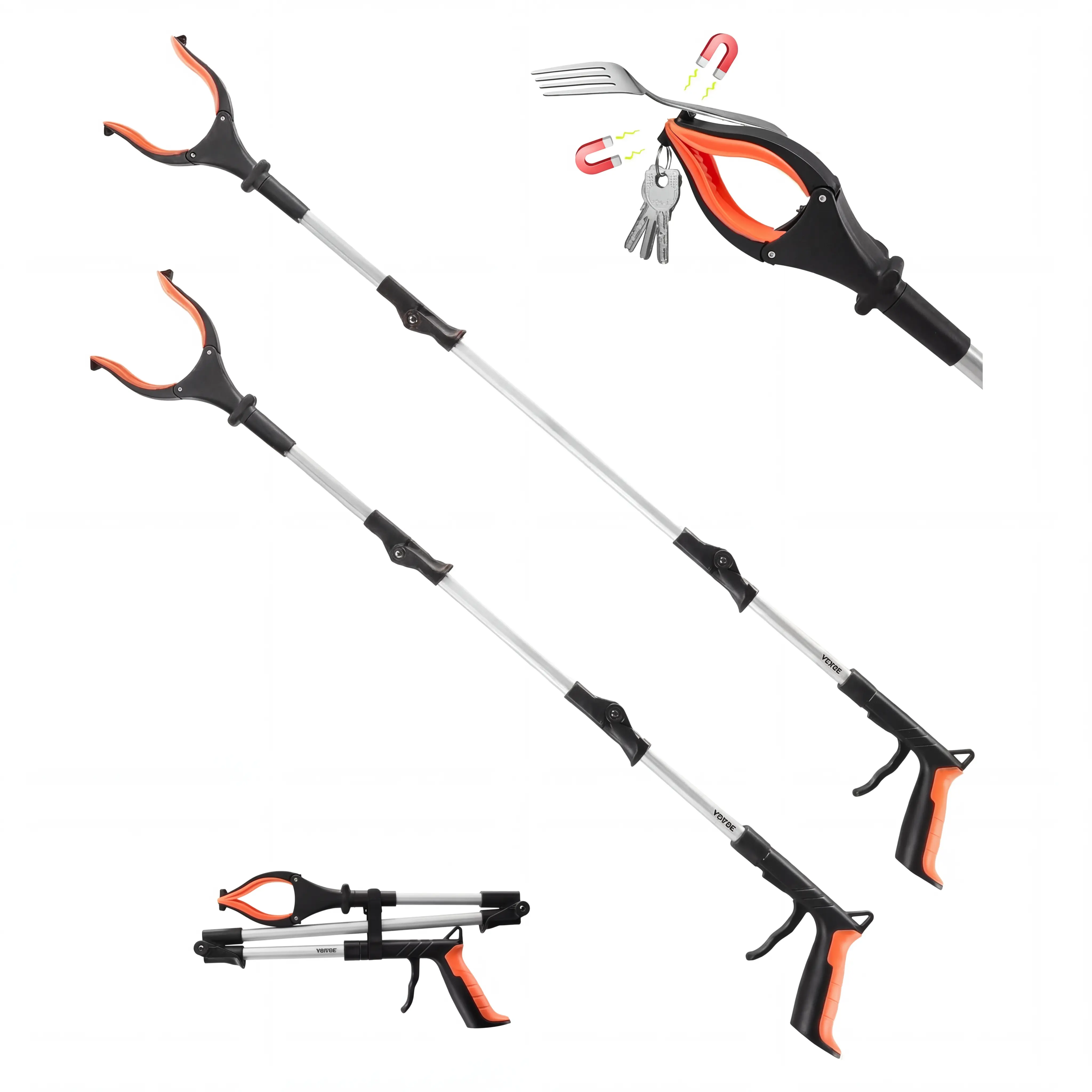 43-Inch Durable Aluminum Alloy Grabber Reacher Tool, Foldable Household Pickup Stick with 360° Rotating Head, Magnetic Tip, LED Light, Rubber Grip, Adjustable Length for Seniors’ Reaching Needs (Litter, Bottle, Garden Debris)
