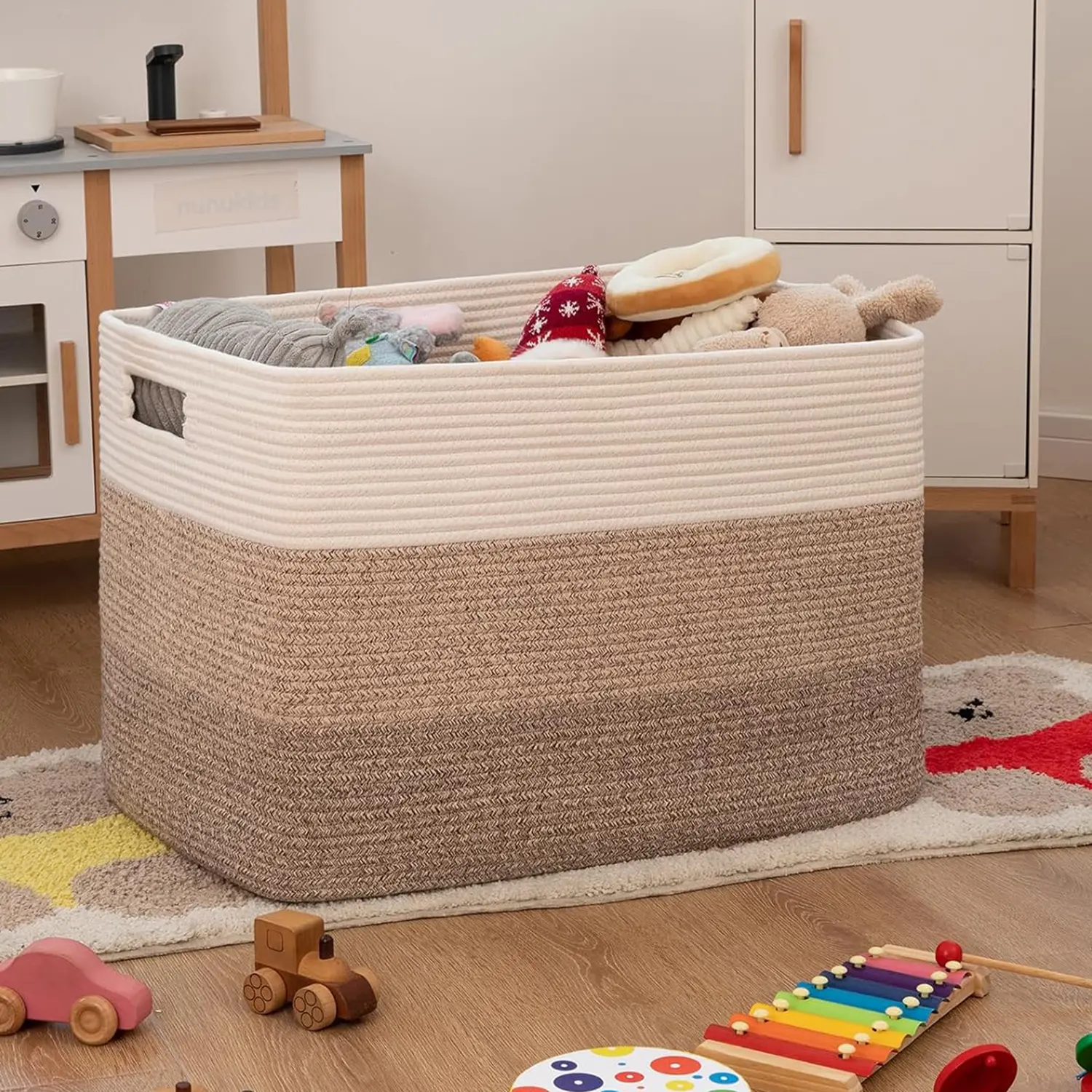Cotton Rope Storage Basket, 24" x 13" x 12.2" Rectangular Woven Organiser with Handles, Gradient Yellow Toy Storage for Blankets, Living Room, Bedroom