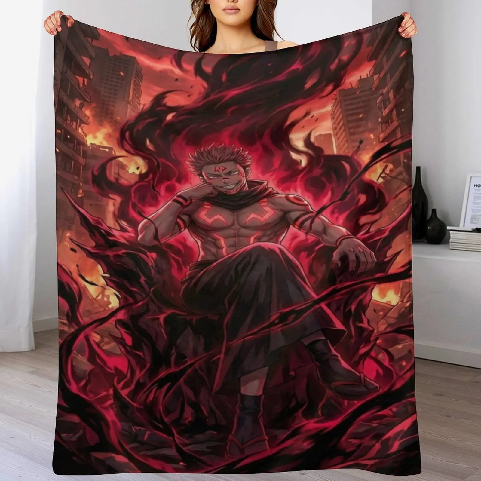 Ryomen Sukuna Jujutsu Kaisen Blanket, King of Curses Sukuna Throw Blanket, Anime Jujutsu Kaisen Cozy Fleece Blanket, Sukuna Fan Home Decor, Anime Bedding