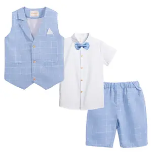 Summer Boys Suit Dress Clothes Kids Wedding Ring Bearer Outfit 4Pcs Shirt Vest Shorts Set