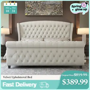 VanAcc Platform Bed Frame, Velvet Upholstered Sleigh Bed with Scroll Wingback Headboard & Footboard/Button Tufted/No Box Spring Required/Easy Assembly