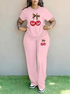 Women's Fashion Leopard Bow Cherry Print Short Sleeve Casual Pocket Wide Leg Pants Two-Piece Set, Elegant Fitted Plus Size