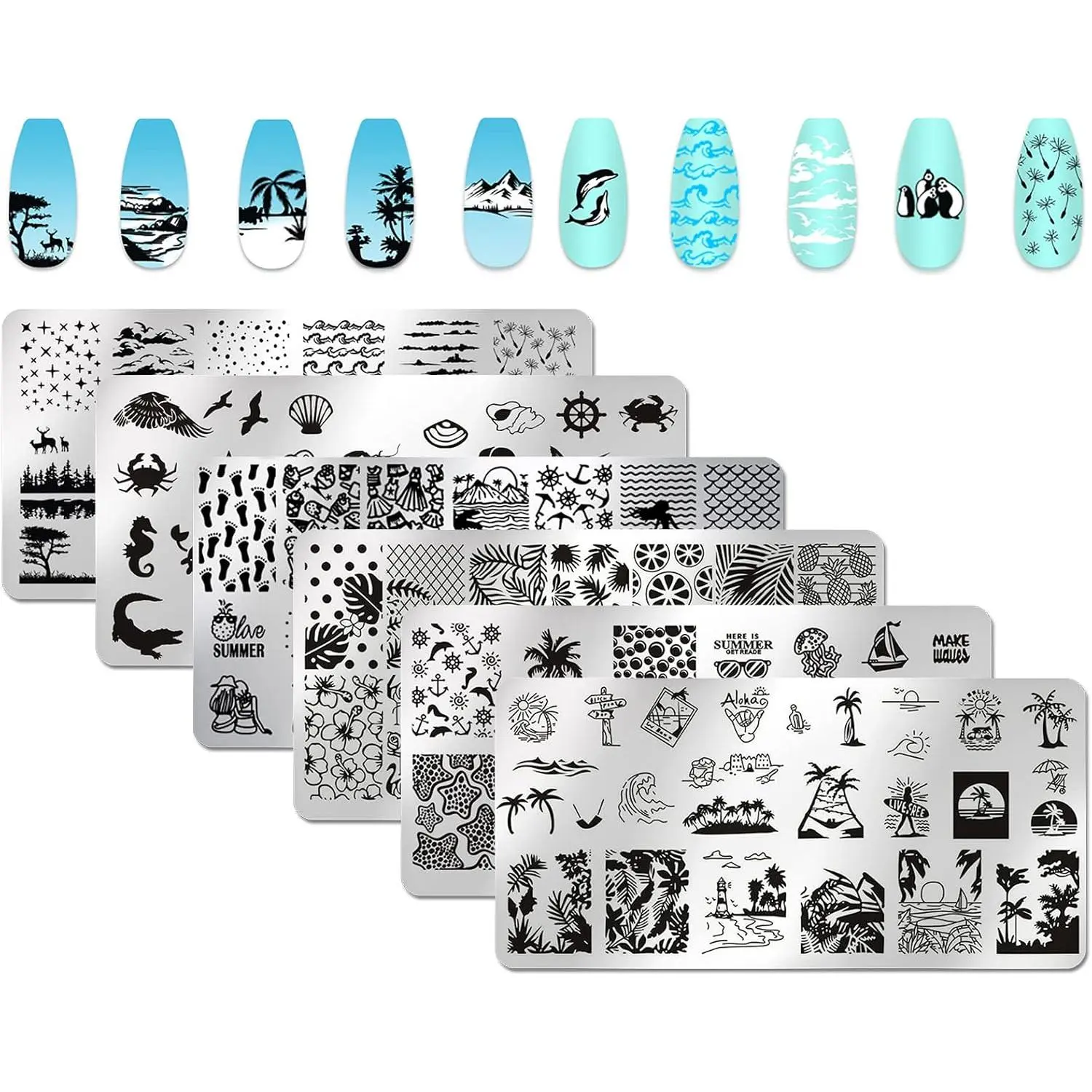 6pcs Seaside Scenery Nail Stamping Plate Kit Summer Beach Coconut Trees Sunset Waves Sea Animals Image Nail Stamper Kit for Nails