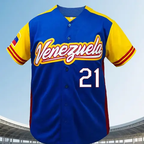 Venezuela #21 Multi-color Classic Baseball Jersey, Casual Short Sleeve V-neck Breathable Sport Shirt, Sports Top, Sports Clothing, Loose Fit with Number & Letter Embroidery, Button Front Cardigan Style, Ideal for Outdoor Sports
