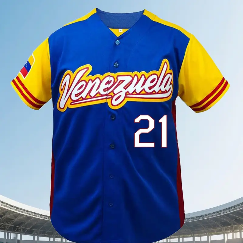 Venezuela #21 Multi-color Classic Baseball Jersey, Casual Short Sleeve V-neck Breathable Sport Shirt, Sports Top, Sports Clothing, Loose Fit with Number & Letter Embroidery, Button Front Cardigan Style, Ideal for Outdoor Sports