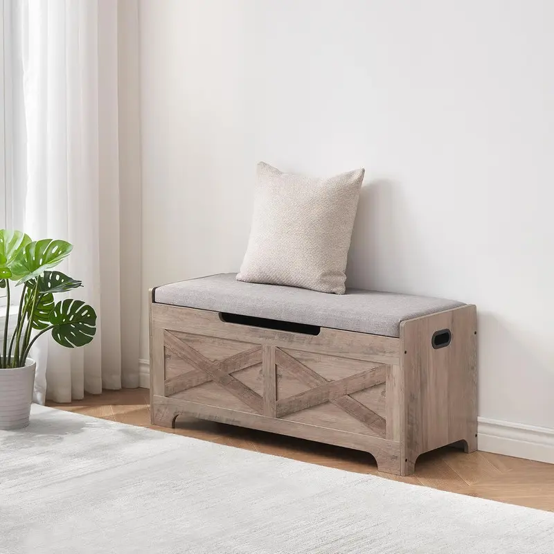 Wood Storage Chest with Seating, 2 Safety Hinge, Entryway Bench, Farmhouse Storage for Bedroom & Living Room, Grey Stool Home Organize, Foot Rest Stools, Living Room Furniture, Furniture Living Room, Engineered Wood