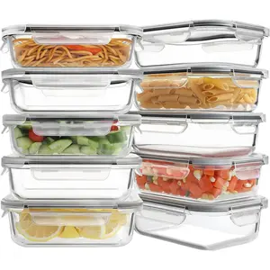 10 Pack 22oz Glass Meal Prep Containers, Food Storage Containers with Lids, Airtight Lunch Bento Boxes, BPA-Free & Leak Proof (10 lids & 10 Containers) - Grey