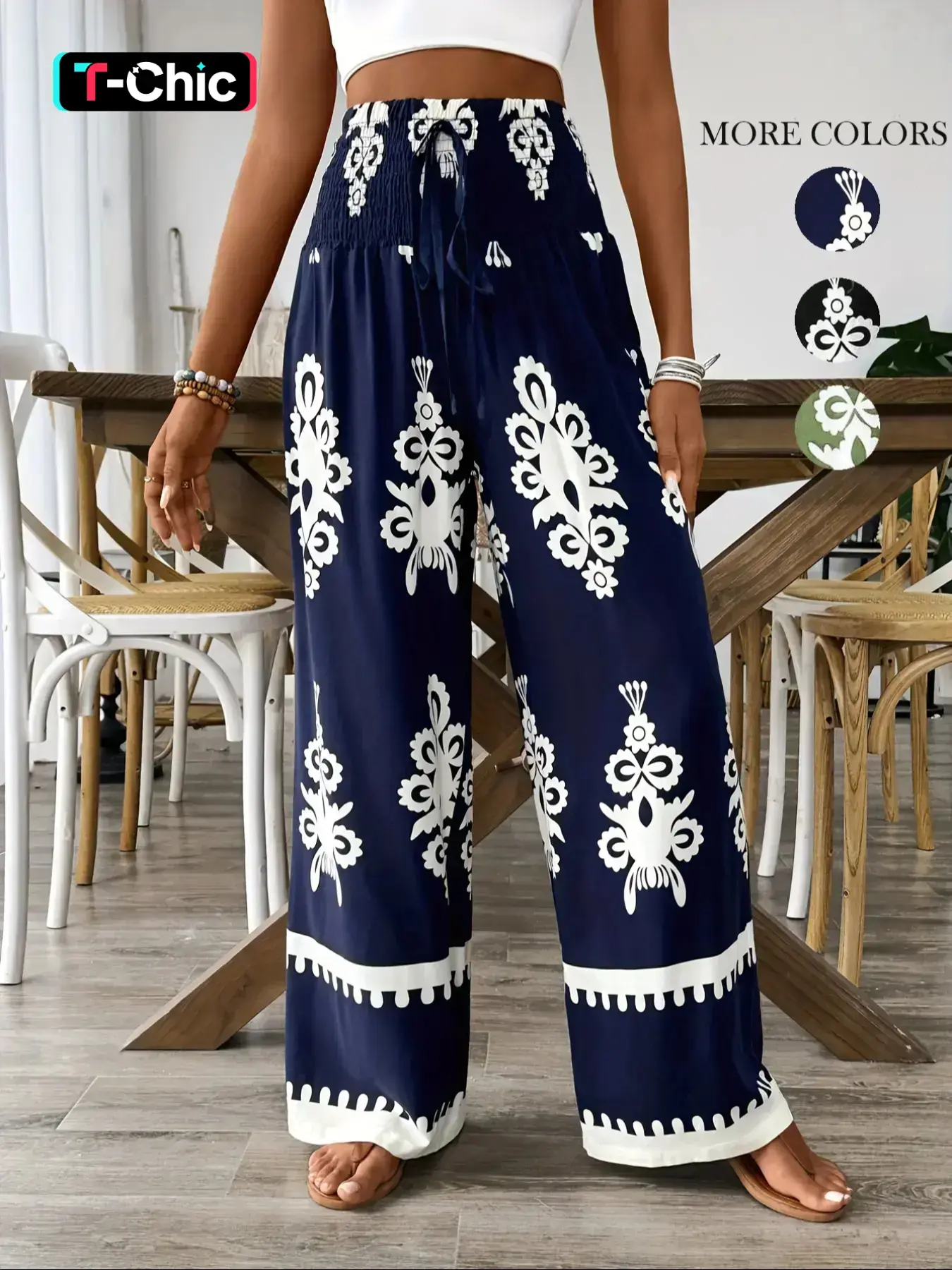 Women's Ethnic Pattern Shirred Tie Front Wide Leg Pants Comfy High Waist Trousers for Daily Holiday Vacation Wear, Ladies Casual Chic Bottoms for All Seasons, Boho Style Fashion Trousers, Bohemian Boho Trousers