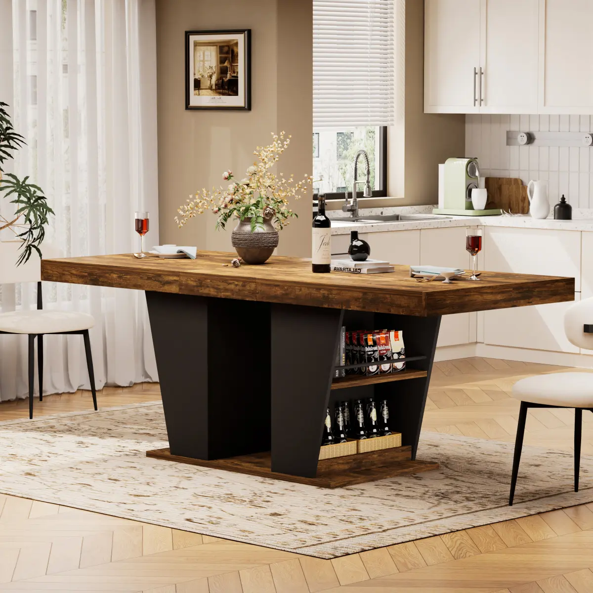 78.7"Rustic-style extendable dining table,seats 8–10 people,dining table with storage shelves on both sides,mid-century modern-style extendable wooden kitchen table,Rustic Brown+Black