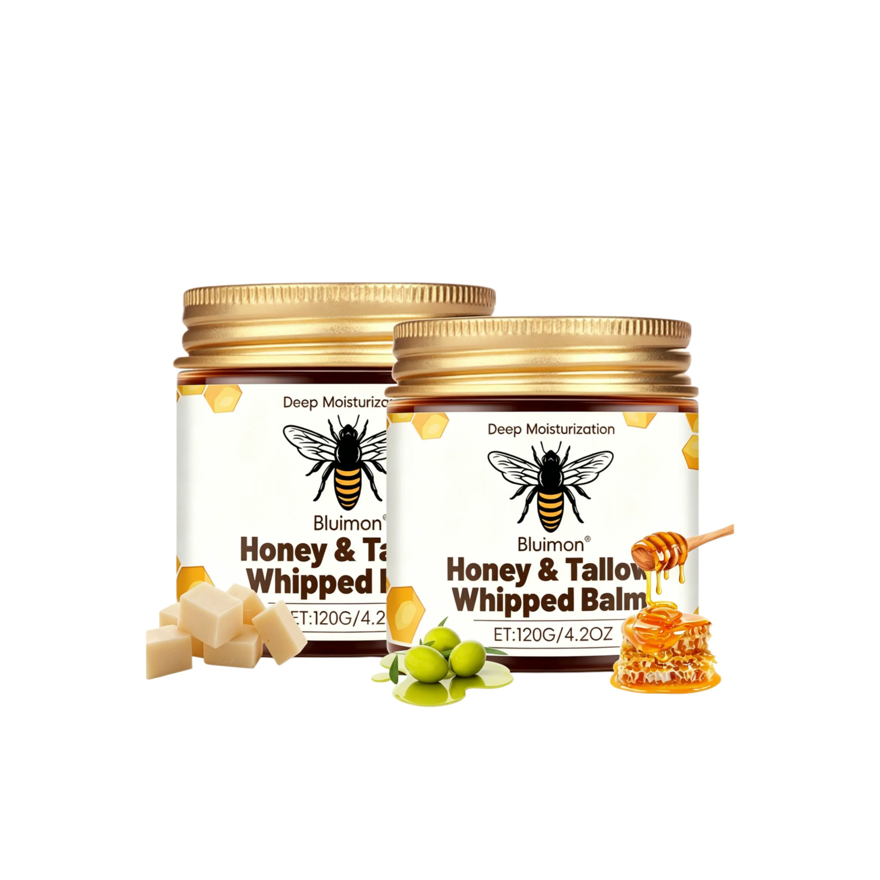 2PCS   Organic Grass-Fed Beef Tallow Balm with Raw Honey 120g - All-Natural Handmade Moisturizer for Deep Hydration, Skin Barrier Repair & Radiant Smooth Skin, Face & Body Care Cream