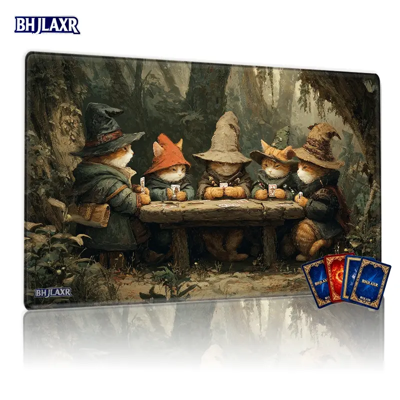 Five Anthropomorphic Cats in Wizard Attire MTG Playmat 12x24inch Non-Slip TCG Game Mat, Magical Enchanted Forest Themed Gaming Mouse Pad Cute for Card Games, Family Gatherings, & Gift Non Slip Mousepad