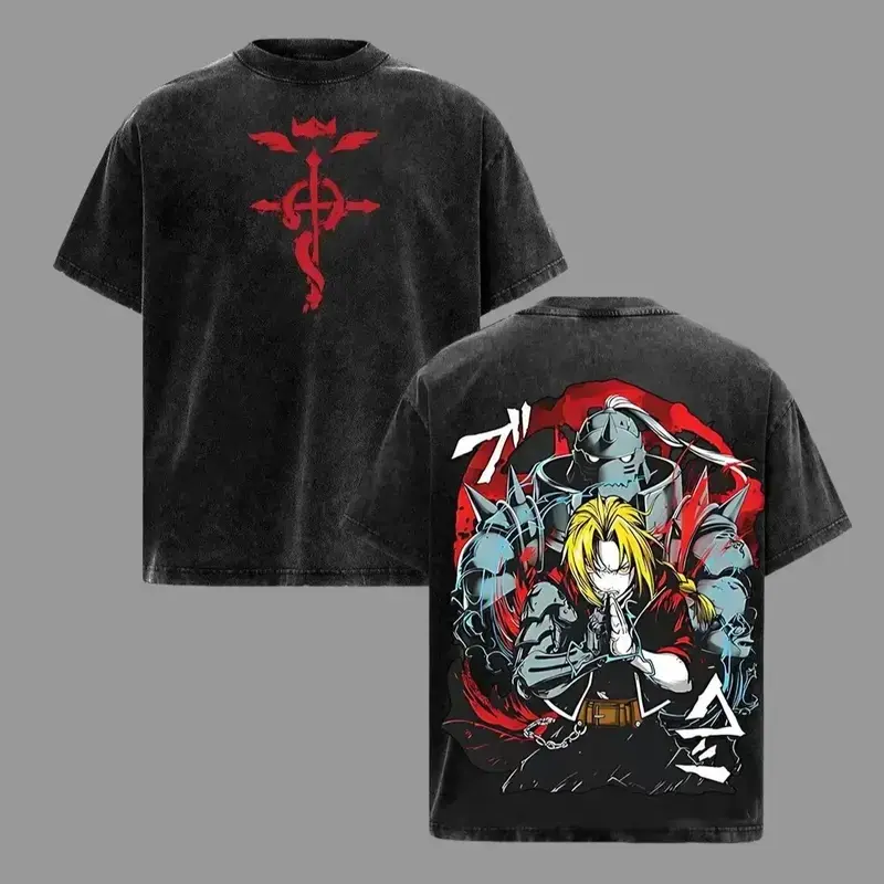 Men's Fullmetal Alchemist Edward & Alphonse Graphic Art Oversize Tee - Pre-Washed Relaxed Vintage Heavy Cotton Double-Printed Round Neck Short-Sleeve Streetwear Top for Otaku Fans