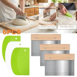 6pcs Bench Scraper With Measurements Stainless Steel Bread Slicing Knife, Dough Flour Cutting Knife, Cake Cream Scraper, Wooden Handle Cake Scraper, Multipurpose Baking Tools