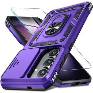 Samsung Galaxy S25 FE Case with Slide Camera Lens Cover Screen Protector Finger Ring Holder Kickstand Heavy Duty Shockproof Full Body Phone Cover 2025 Purple Wireless Cellphone Tempered Metal