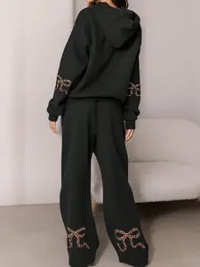 Women's Leopard Print Bowknot Home Set, Hooded with Pocket Design, Warm and Comfortable, Essential for Home Use, 2 Piece Pack, Everyday Wear