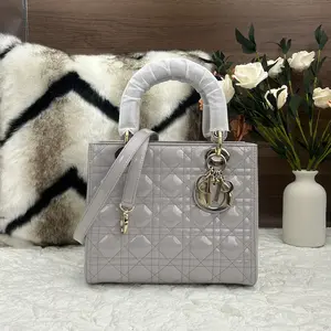 Pre-owned Dior light gray patent leather Lady 5 grid bag with gold tone hardware 866