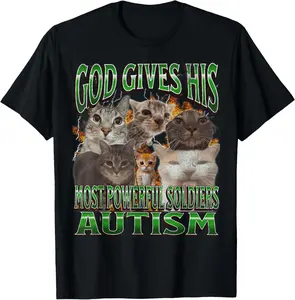 Men's Pure Cotton Round Neck Short-Sleeve Cartoon T-Shirt - Soft Menswear Tee with God Gives His Most Powerful Autism Funny Cat Meme Design, Fitness Streetwear Gift