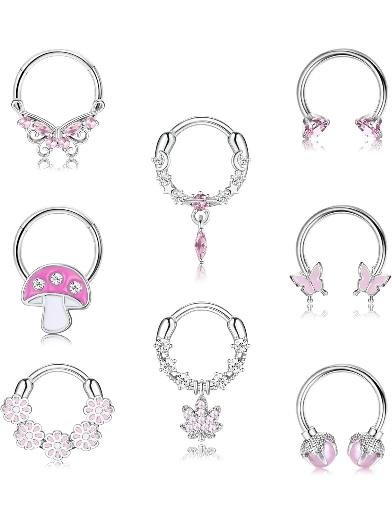 8Pcs Nose Rings Hoops for Women, 316L Steel Septum Clicker Rings Hinged CZ Silver Nose Ring Hoop 16G Eyebrow Lip Cartilage Tragus Rook Helix Conch Daith Body Piercing Jewelry 8mm/10mm