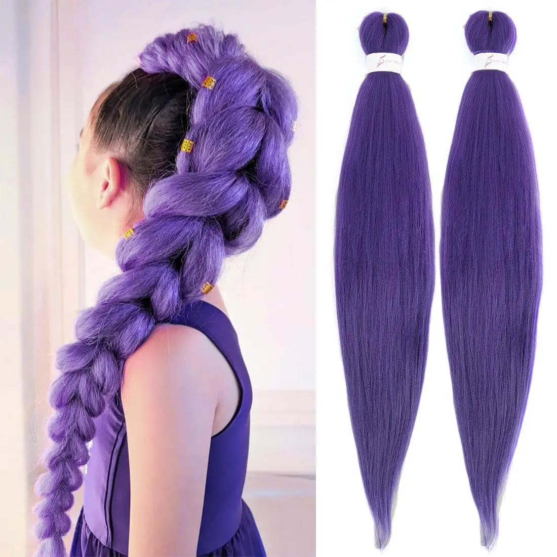 Long Purple Braiding Hair 24inch Pre Stretched Synthetic Braiding hair Extensions for Braids, Purple Hair Extensions for Stage Party Halloween Costume Cosplay 2 packs