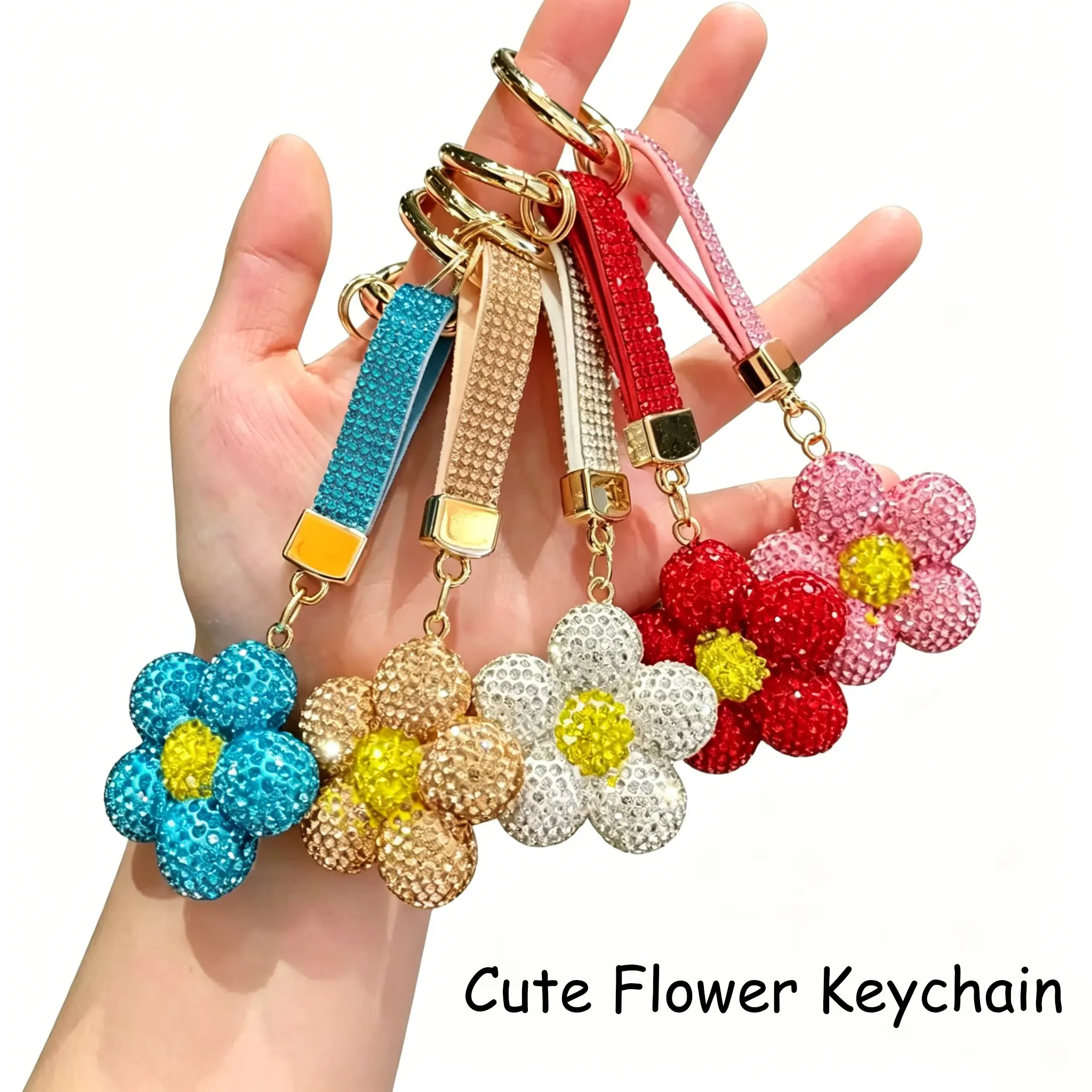 Rhinestone Flower Keychain, Sparkly Crystal Floral Bag Charm, Bling Diamond Key Ring for Women, Cute Fashion Accessory