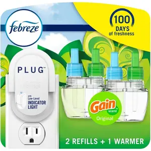 Febreze Plug in Air Freshener, Odor-Fighting Scented Oil Starter Kit, Air Fresheners for Home and Bathroom and Kitchen, Long Lasting for Strong Odors, Gain Original Scent, Warmer + 2 Refill P&G