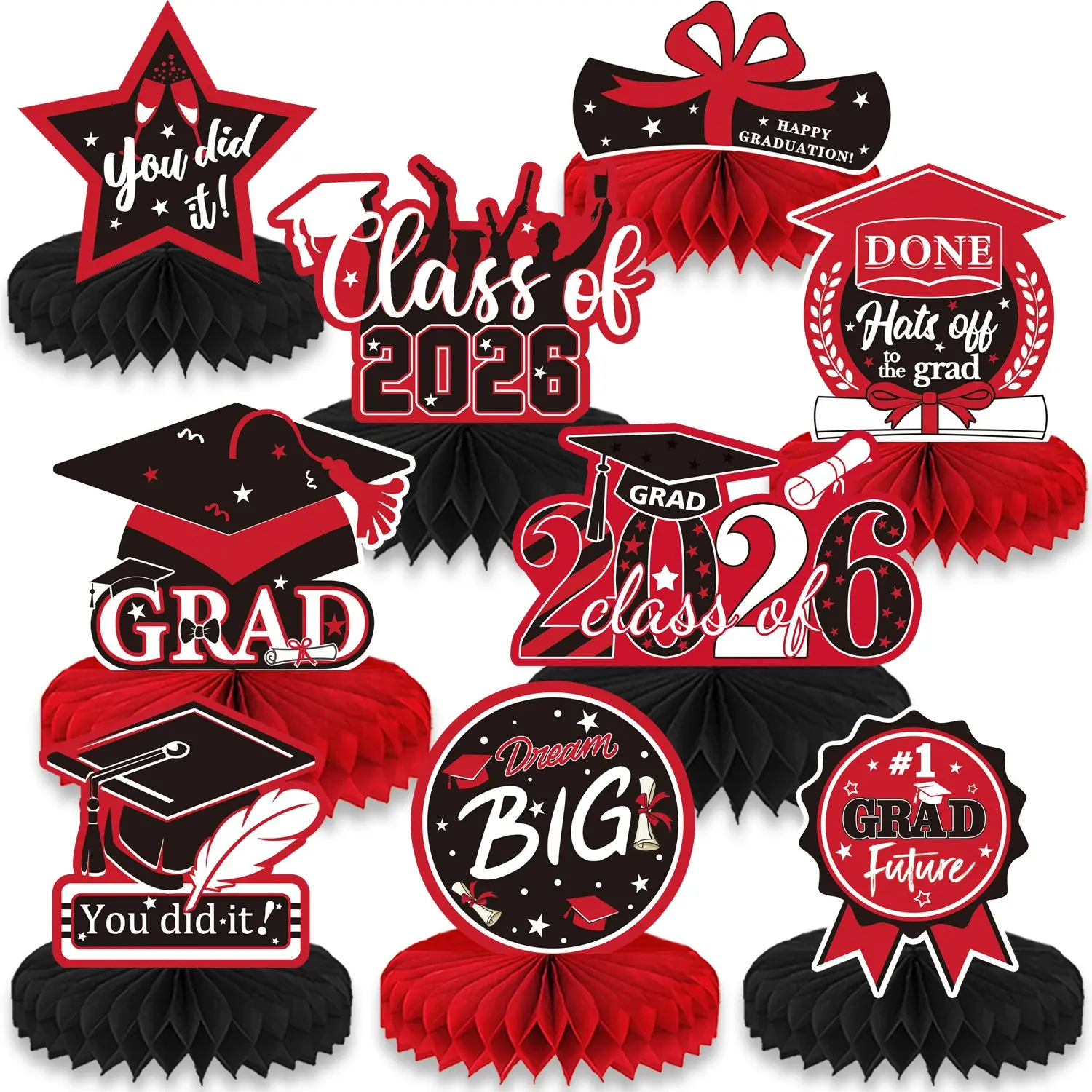 9PCS Black and Red Graduation Party Decorations Class of 2026 Congrats Grad Honeycomb Centerpieces Black Congratulate Table Toppers for Party Favor Supplies Set Party Favor Packs Graduation Favors