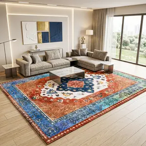 Retor Bohemian Area Rugs for Living Room, Ultra-Soft Washable Rug Faded Oriental Area Rug, Non-Slip Vintage Print Low Pile Stain Resistant Carpet for Bedroom Dining Room Kitchen Office