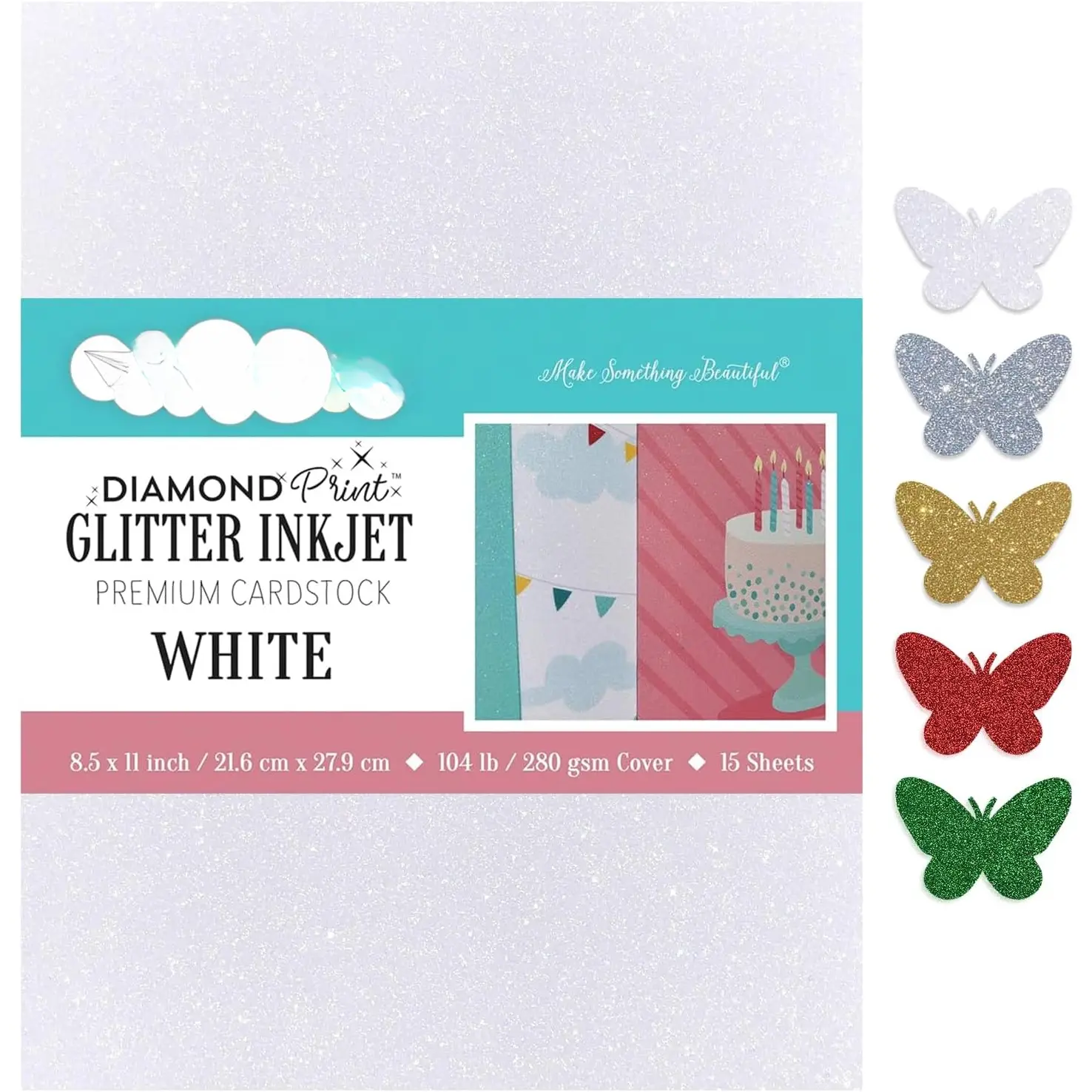 Inkjet Print Glitter Paper - White Glitter, 8.5x11 in, 15 Sheets, 104 lb/280 GSM, Archival-Quality, Environmentally Friendly, for Card Making, DIY Creations, 8.5 X 11 - 15 Sheets