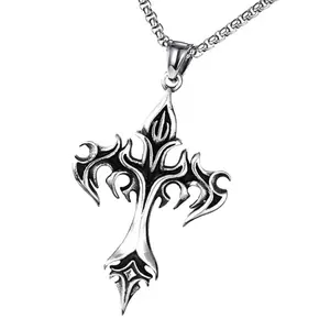 Titaniums Steel Flame Crucifix Pendant Necklace For Men Retro Style Neckchain Music Festival Clavicle Chain Jewelry