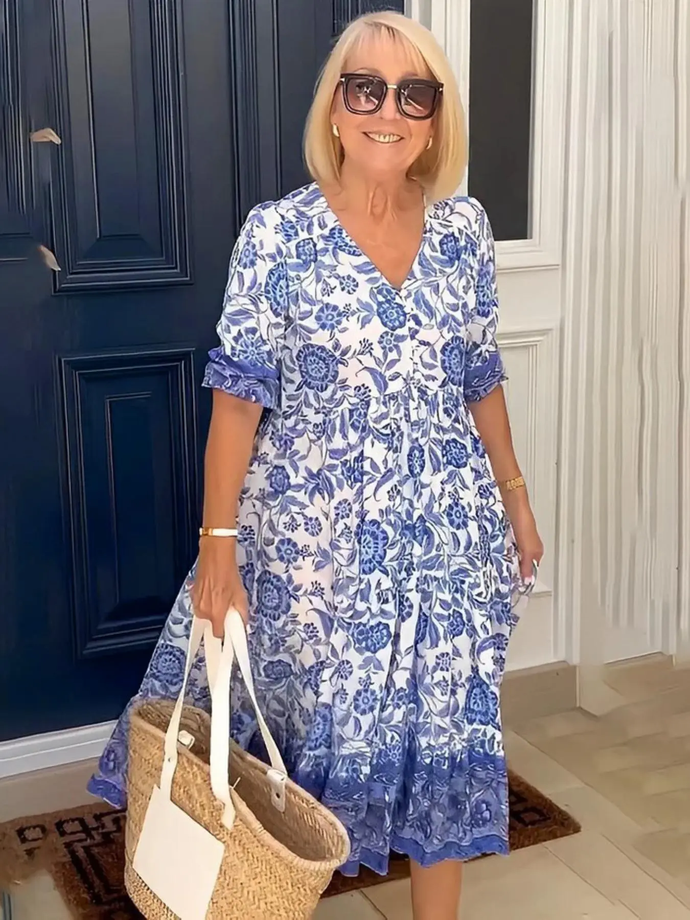 Women's Boho Printed Floral Print Dress, Casual Party Dress Fashion V Neck Short Sleeve Dress for Summer, Women's Clothing for Daily Wear, Boho, Bohemian, Bohemian Aesthetic, Bohemian Style Dresses, Lady, Womenswear