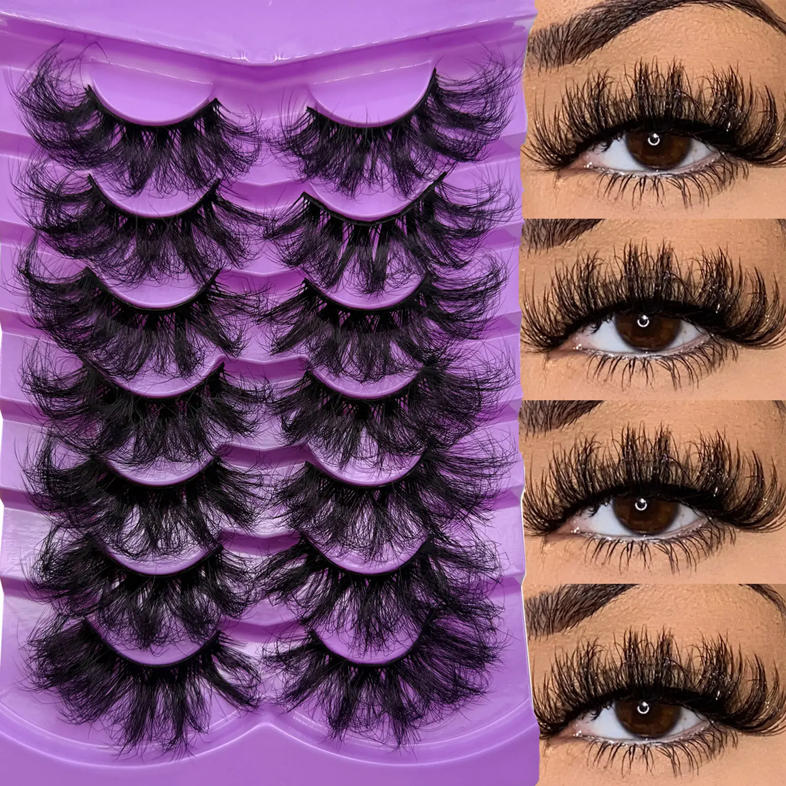 7 Pairs 25mm Dramatic Faux Mink Eyelashes, Long Thick Volume 3D Lashes, Multi-Layered Curly False Eyelashes for Parties & Celebrations, Fluffy Eyelash Clusters