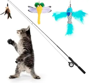 Pawaboo Cat Feather Toys, 4 Pack Interactive Cat feather Teaser Wand Toys, Retractable Fishing Pole Wand Catcher Exerciser with Refill Fish, Dragonfly Worm with Bells, Fun Cat Kitten Kitty Playing Toy