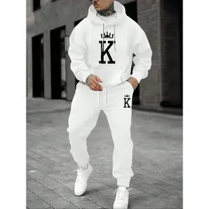 Men’s fleece jogger set: hooded sweatshirt and drawstring pants; casual long-sleeve top; fall/winter fashion; comfortable everyday wear; clothing