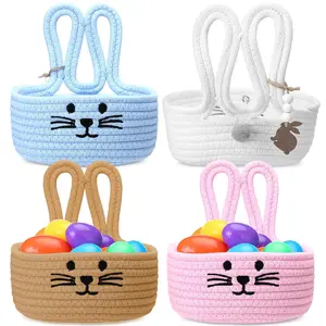 4 Pack Easter Basket Woven Bunny Baskets with Name Tag Gift Bunny Eggs Hunt Buckets Rustic Rabbit Cotton Rope Tote for Baby's First Easter Cute Candy Basket for Baby Toddler Boys Girls