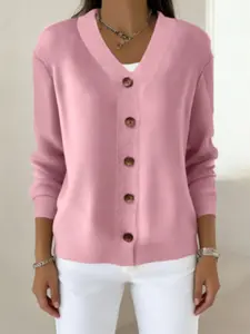 Women's V Neck Button Fitted Knit Cardigan, Elegant Versatile Soft Button Long Sleeve Knit Top for Spring & Fall Knitwear