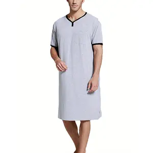 Men's Cotton Nightshirt - Short Sleeve, V-Neck, Loose Fit, Oversized Summer Pajamas