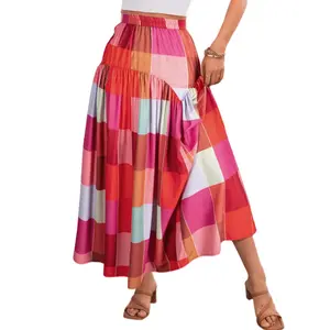 Asvivid Women Plaid Maxi Skirt Ruched Casual Long Skirt Chic Colorful Print Flattering Silhouette Vacation Womenswear Bottom
