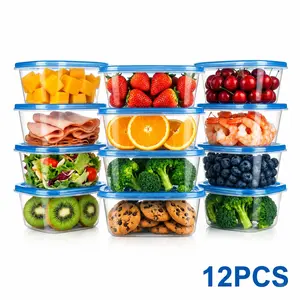 12pcs Reusable Transparent Food Storage Containers Set, blue leakproof lid design with stackable storage for fruits vegetables soup and meal prep, fridge organizer essentials for kitchen storage, office lunch and picnic food organization