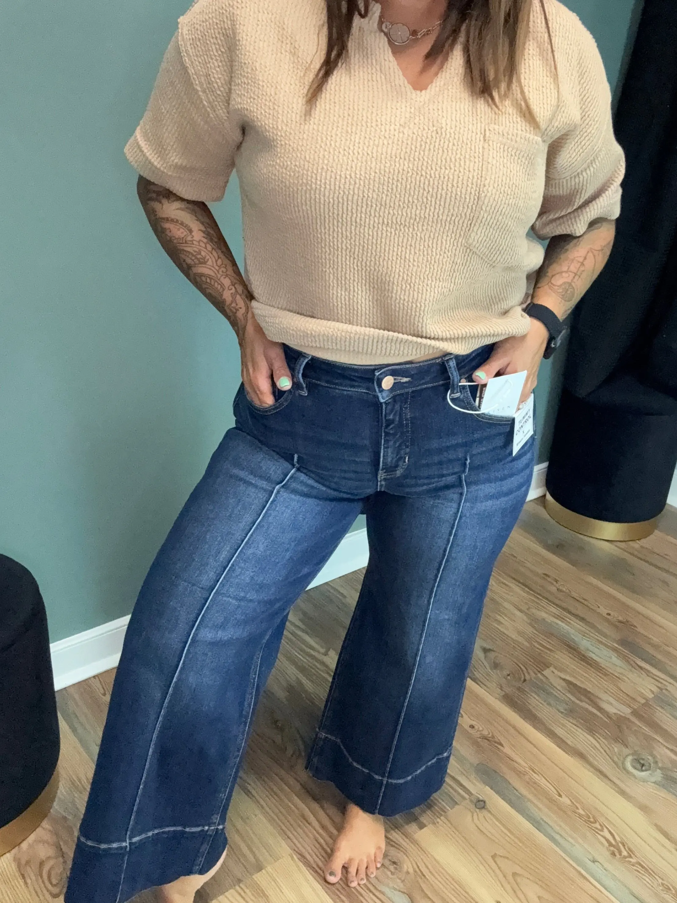 Risen Dark High Waist Pin Tuck Wide Leg Jeans