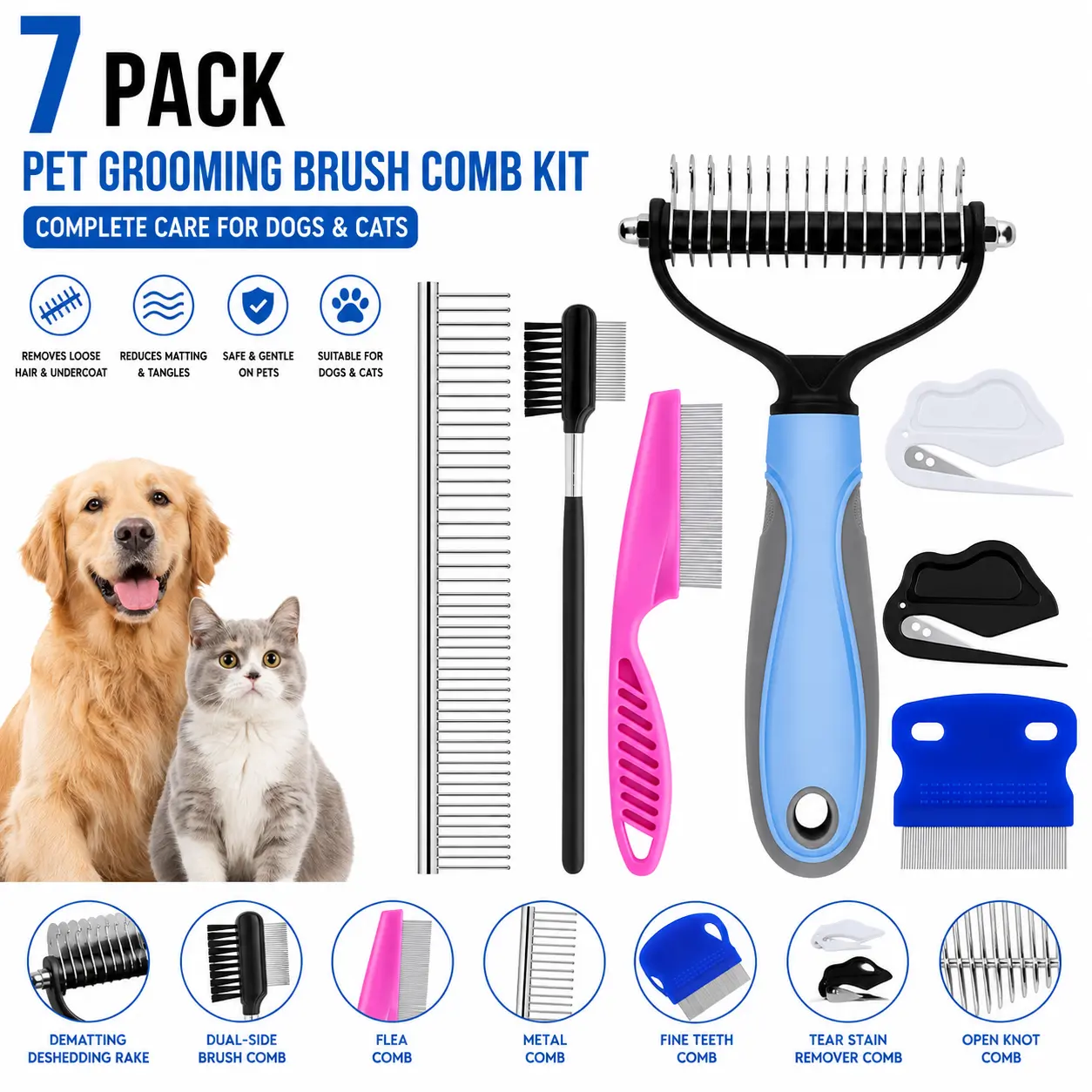 7 Pack Pets Grooming Brush Comb Kit,Double-Side Deshedding Dematting Dog Brush,Undercoat Rake for Dogs & Cats,with Metal Comb,Flea Comb,Open Knot Comb,Fine-Teeth Comb,Tear Stain Remover Comb