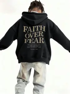 1pc Boys' Casual Printed Pullover Hoodie Sweatshirt, Soft & Comfortable,  Faith Over Fear, Suitable For Autumn/Winter Boys' Faith over Fear Print Hoodie, Casual Fitted Sweatshirt for Spring & Fall, Soft Comfortable Youth Sports Wear, Graphic Casual Hoodie