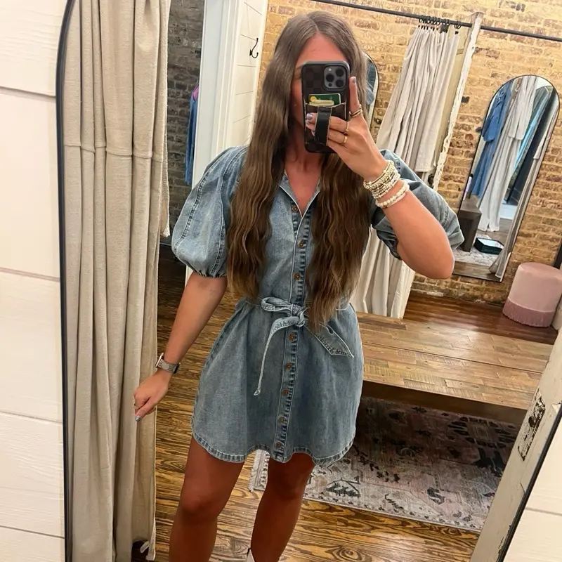 Denim Puff Sleeve Fit & Flare Dress