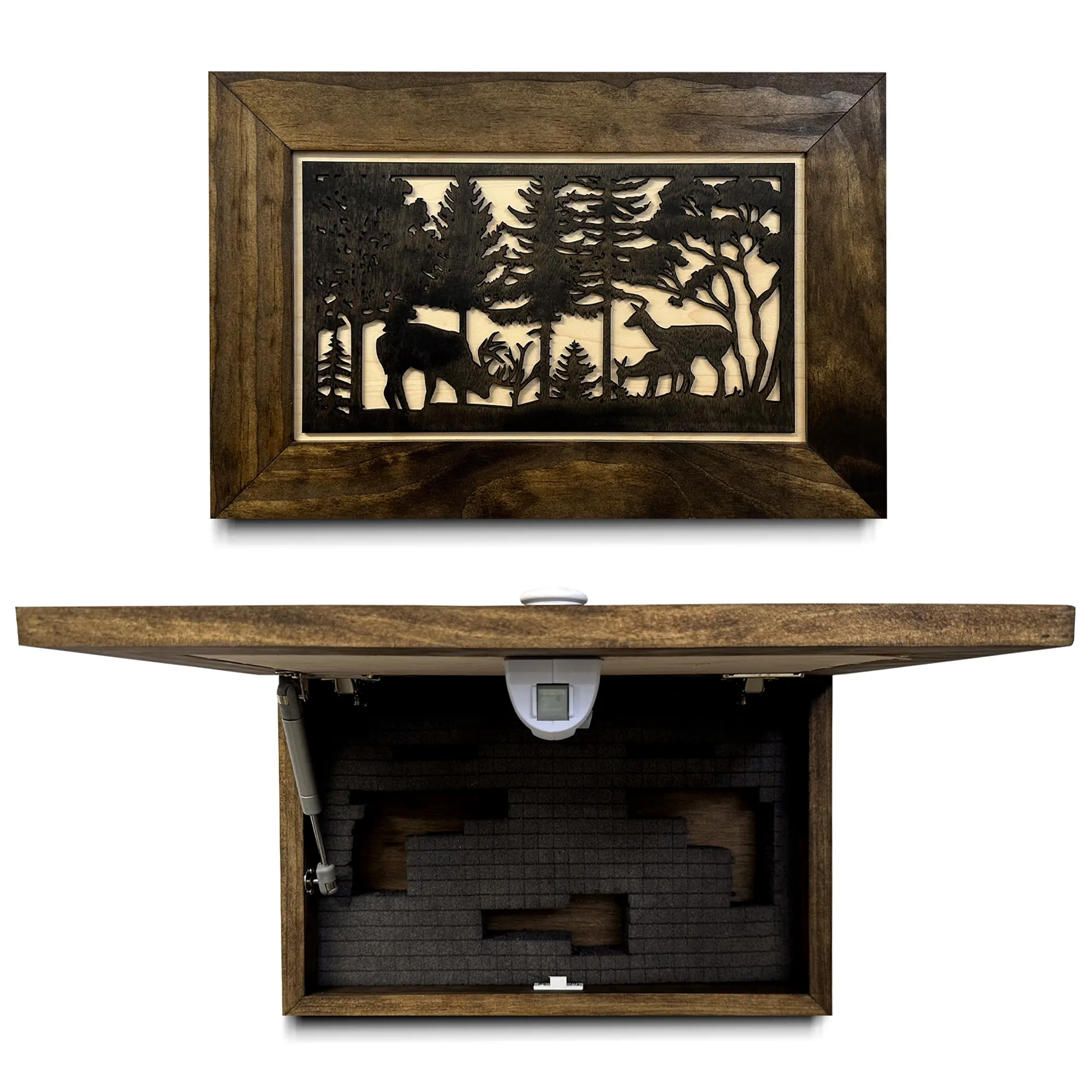 Bellewood Designs Wood Hidden Gun Storage Security Safe Box - Deer Buck Whitetail Firearm Concealment Furniture, Concealed Wall Art Shelf