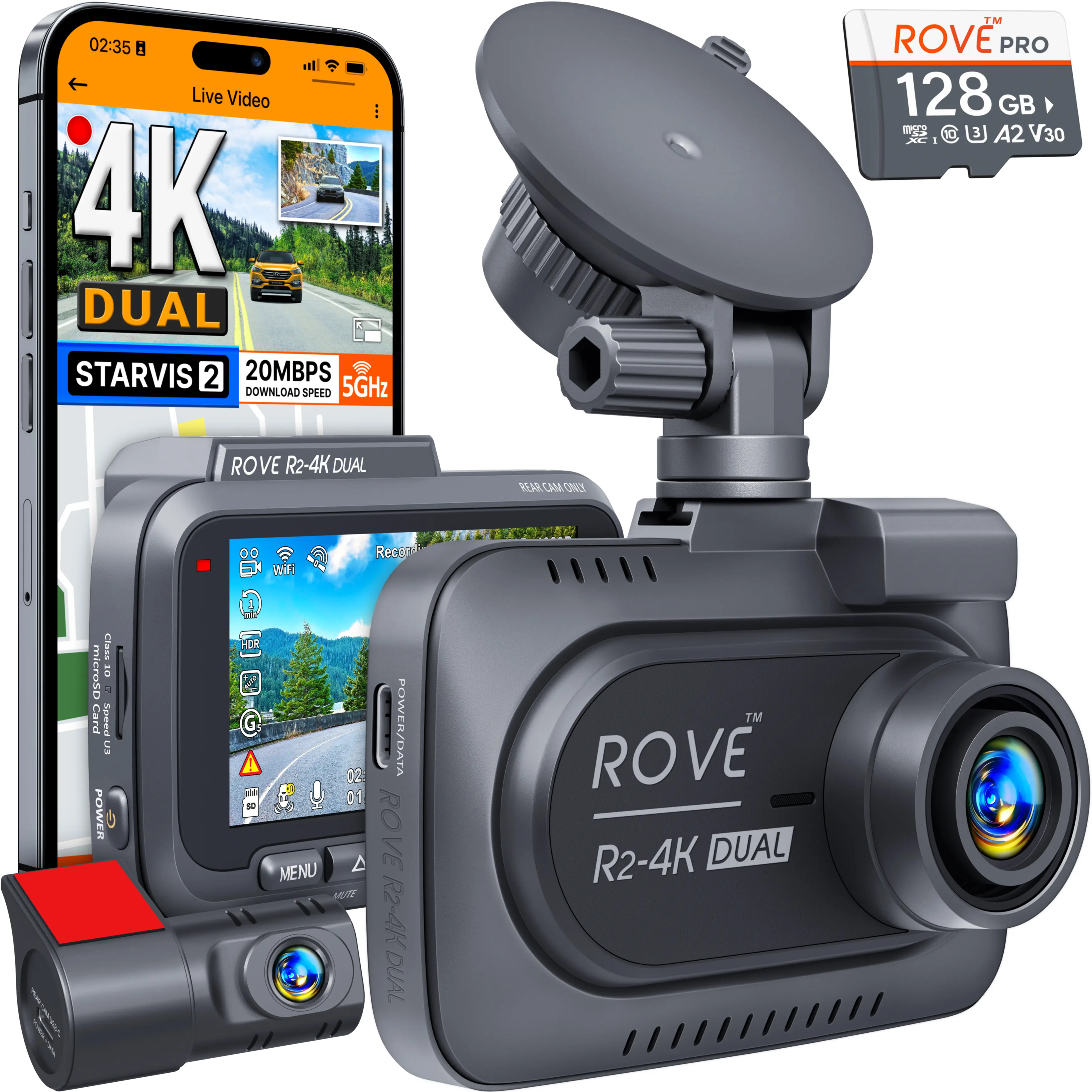ROVE R2-4K DUAL Dash Cam Front and Rear, Free 128GB microSD Card, 20MBps Fastest Download Speed with 5GHz Built-in WiFi, GPS ROVE R2-4K DUAL Dash Cam Front and Rear, Free 128GB microSD Card, 20MBps Fastest Download Speed with 5GHz Built-in WiFi, GPS