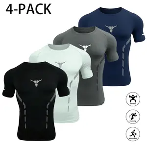 Men’s tight short-sleeve T-shirt with bull head print; quick-dry, breathable athletic top; sports T-shirt; compression shirt for fitness and running with reflective details